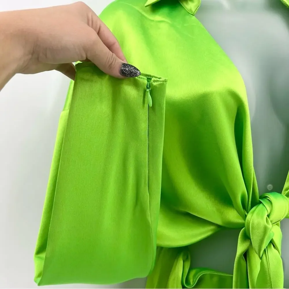 RETROFETE Knot-Detail Cut-Out Shirtdress Lime Green Deep V-Neck Tie Front Sm NEW - Picture 8 of 16